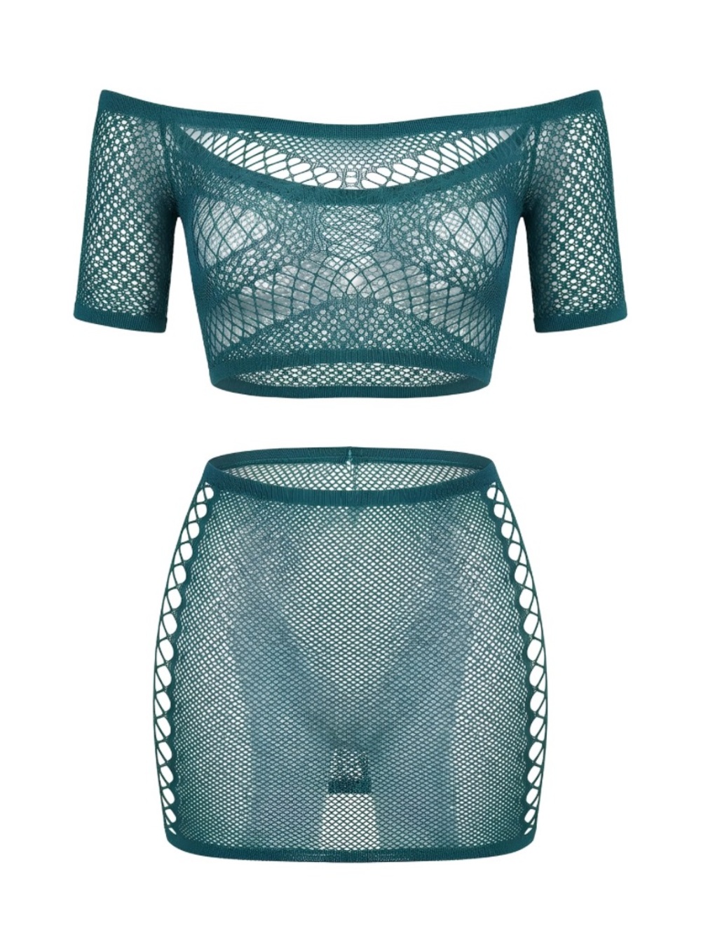 Off-Shoulder Hunter Green Fishnet Two-Piece Lingerie Set